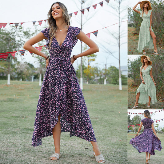 New V-neck bohemian vacation slim-fitting lace-up dress