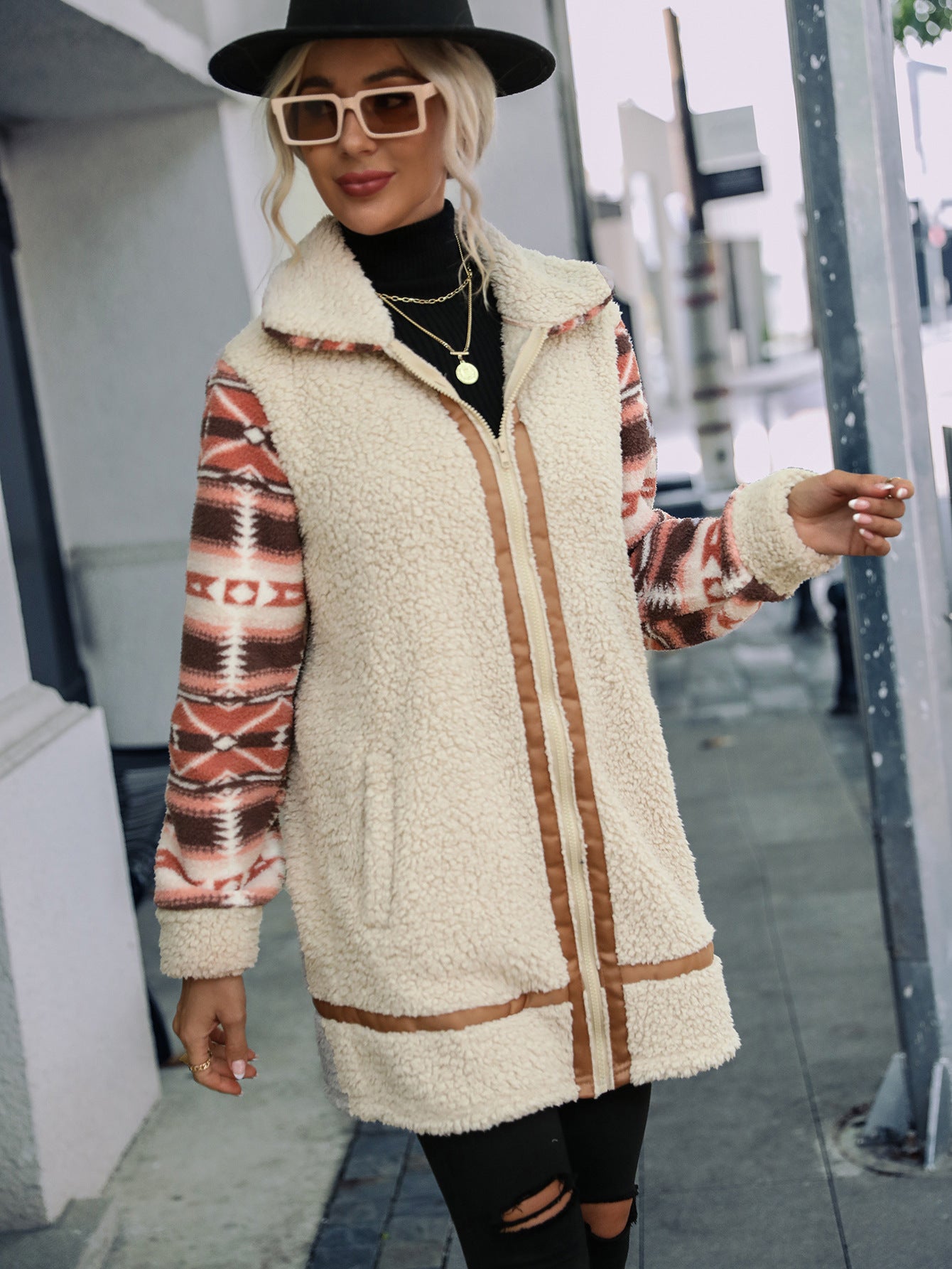 Women's cardigan particle color matching printing lapel long stitching zipper plush coat