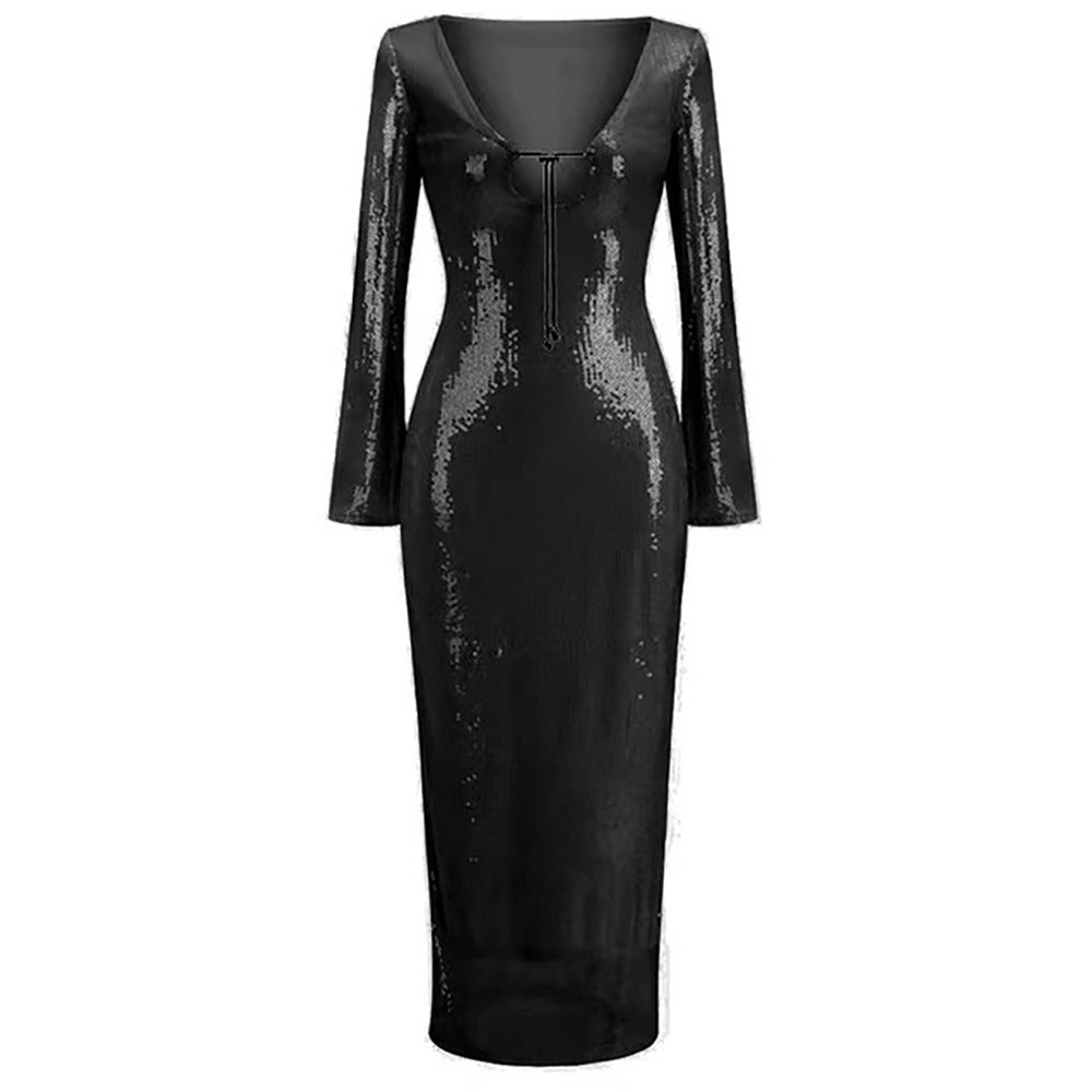 Women Sexy Sequined V-Neck Flared Sleeves Dress Slit Slim Dresses