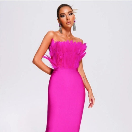 Fashion Slim Bandage Dress Women's Strapless Feather Dresses