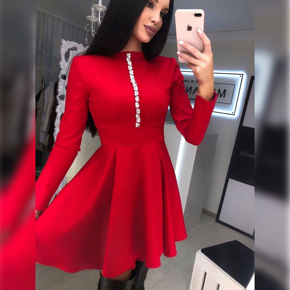 Autumn and winter New Diamond sexy tight bandage dress solid color elastic waist-tightening dress elegant pleated dress