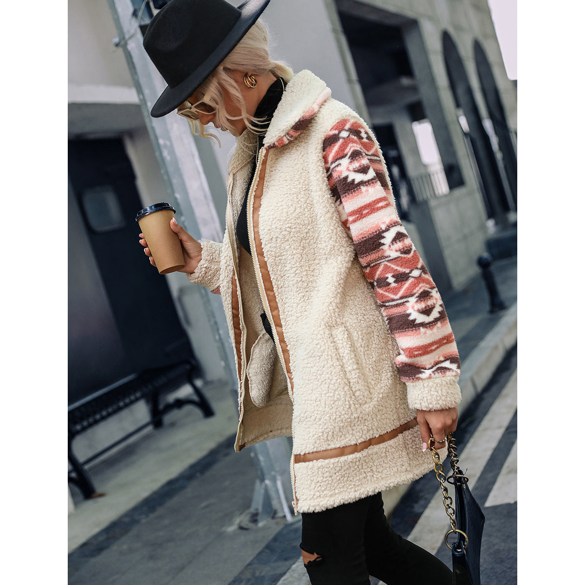 Women's cardigan particle color matching printing lapel long stitching zipper plush coat