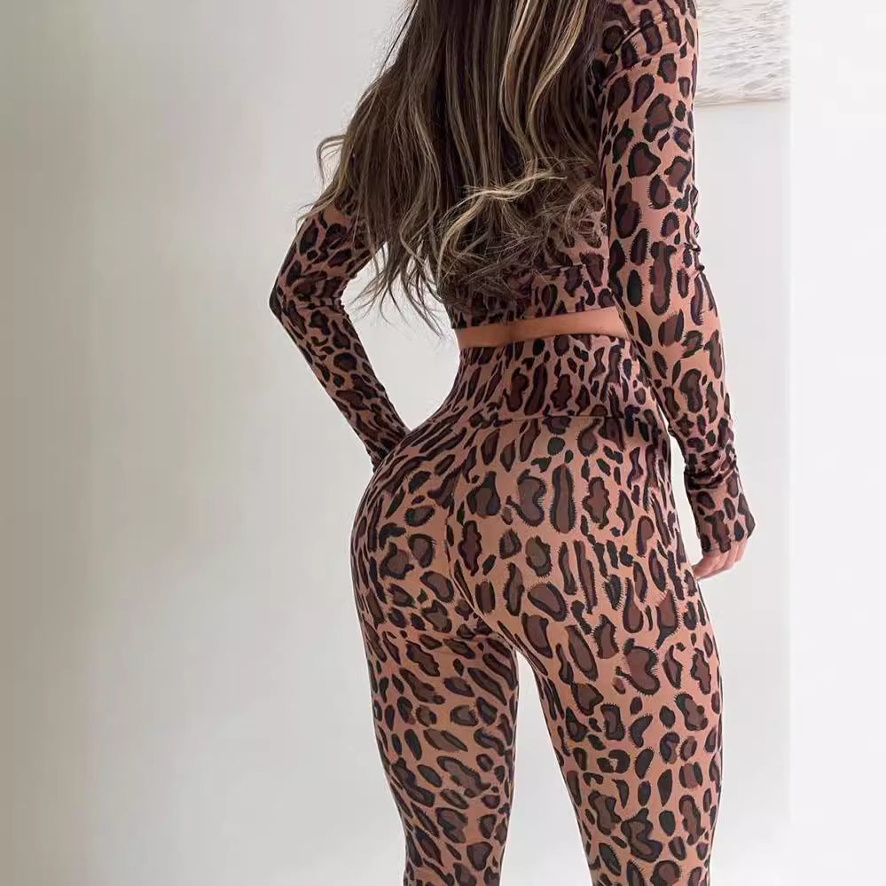 Stand-up collar waist open button long-sleeved top high waist hip pants two-piece fitness