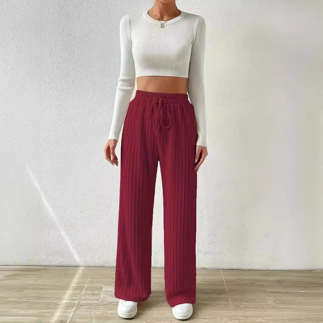 Knot Waist texture knitted wide leg trousers elastic high waist pure color casual baggy straight trousers Women's