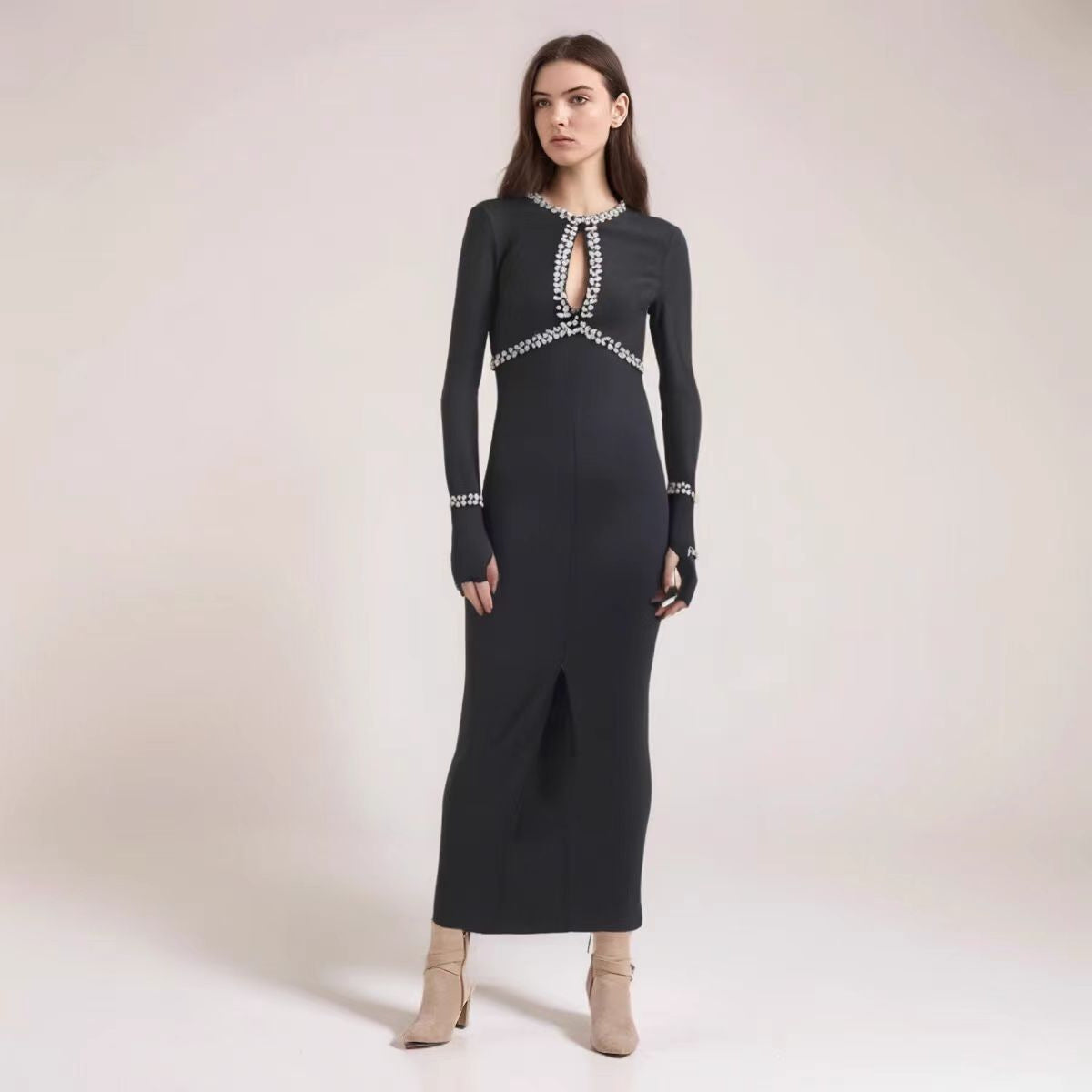 Autumn Winter Diamond Studded Hollow Waist Bandage Dress