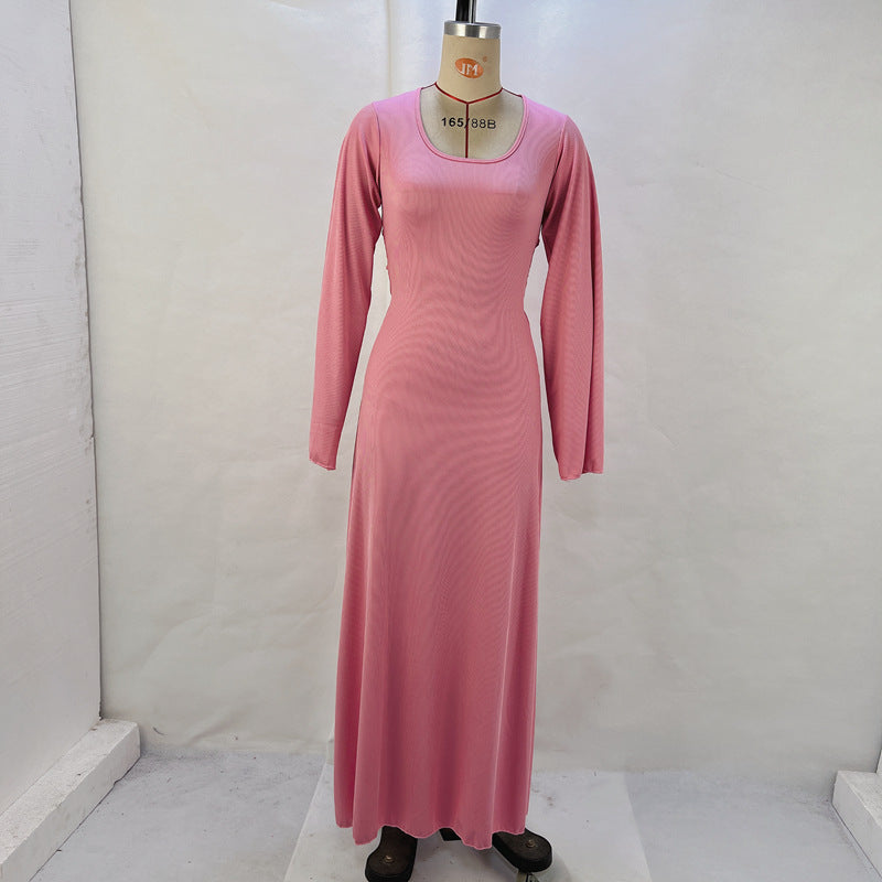 Women's autumn loose U-neck back lace-up long sleeve dress