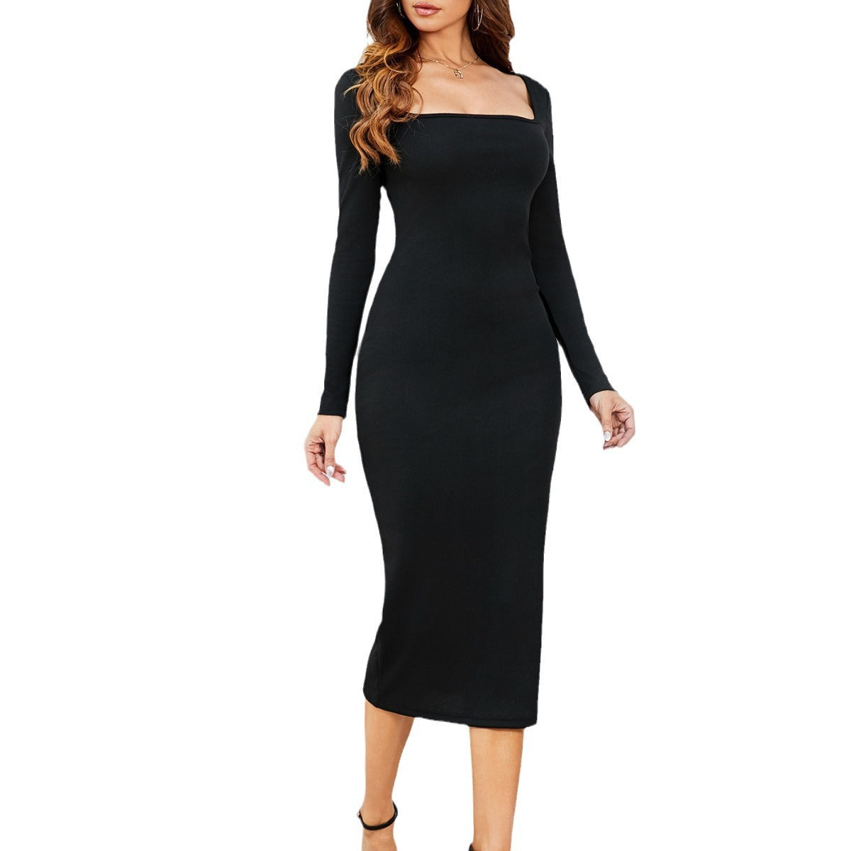 Sheath Dress Square Collar Long Sleeve Elegant Knitted Dress