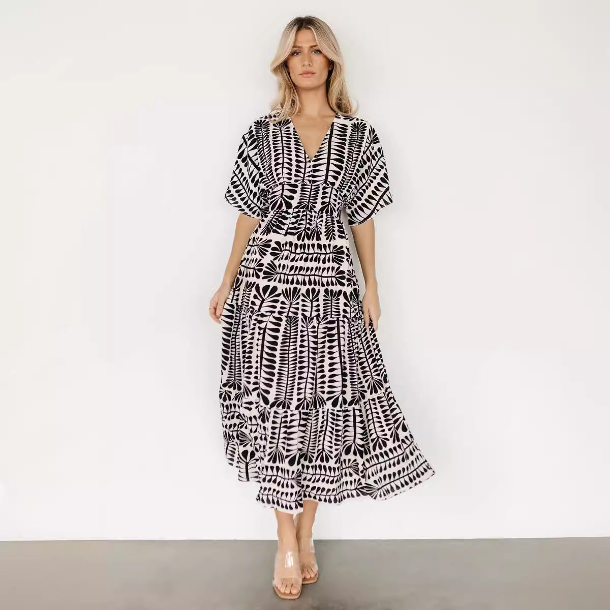 Long retro skirt striped 2024 bohemian new high waist short sleeve printed dress women's blouse