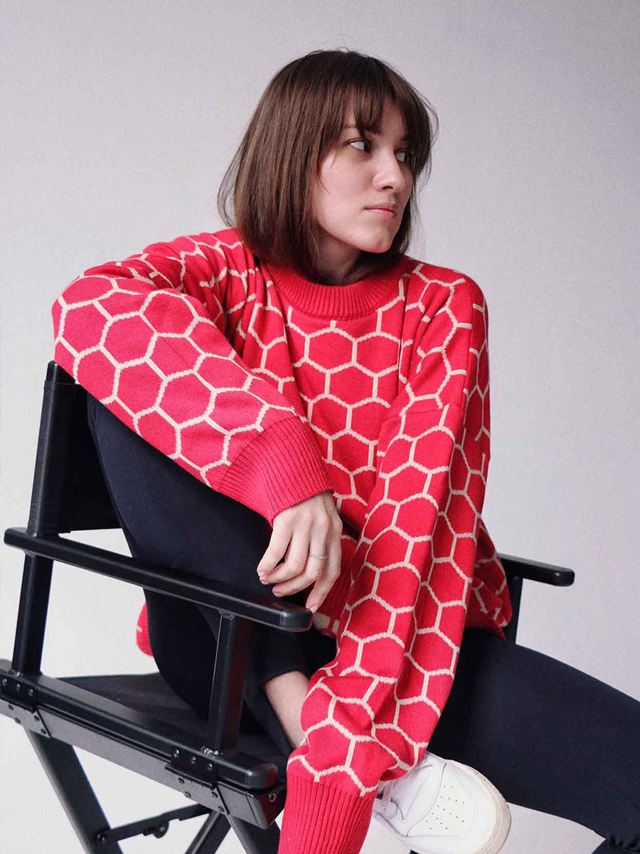 Round neck honey sweater autumn and winter loose plaid pullover round neck knitted women's top