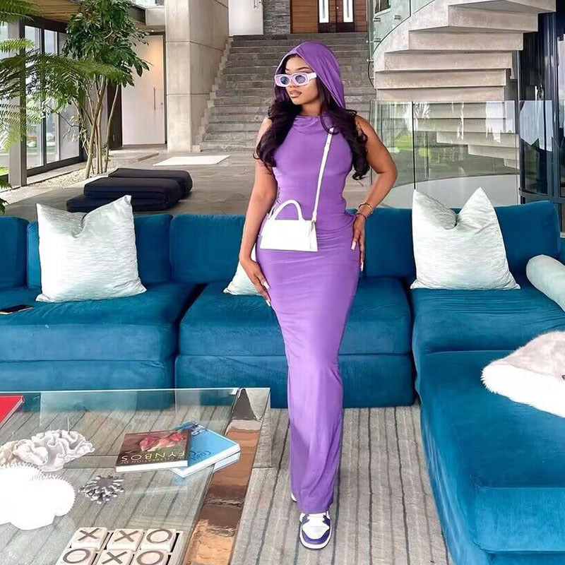 Hooded pure color tight dress long one-step hip skirt long sleeve pullover skirt for women