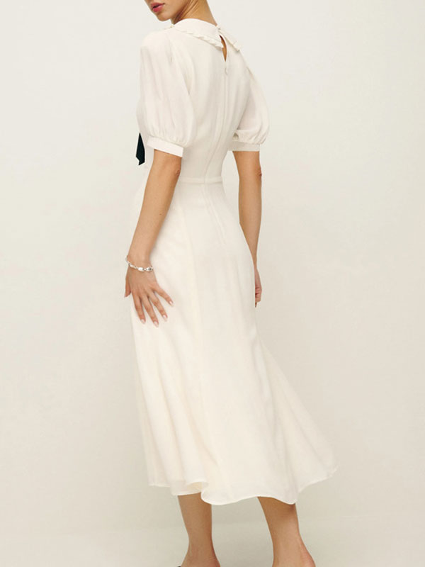 French Puff Sleeve Midi White Dress