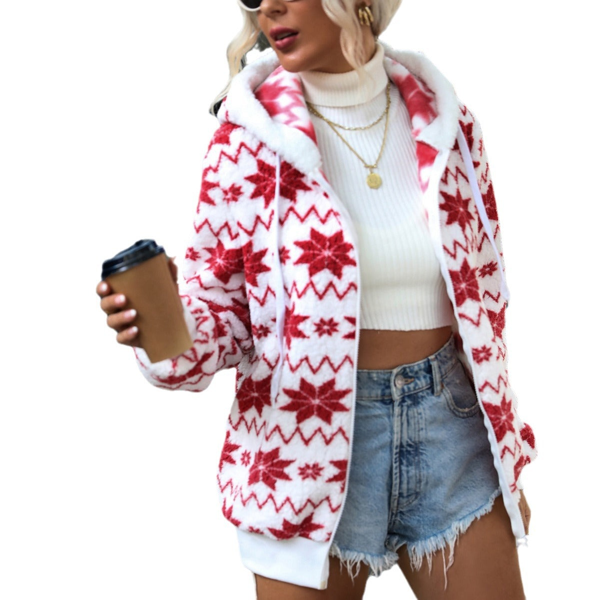 Autumn and winter women's loose hooded zip cardigan Olympic fleece printed Christmas style coat for women