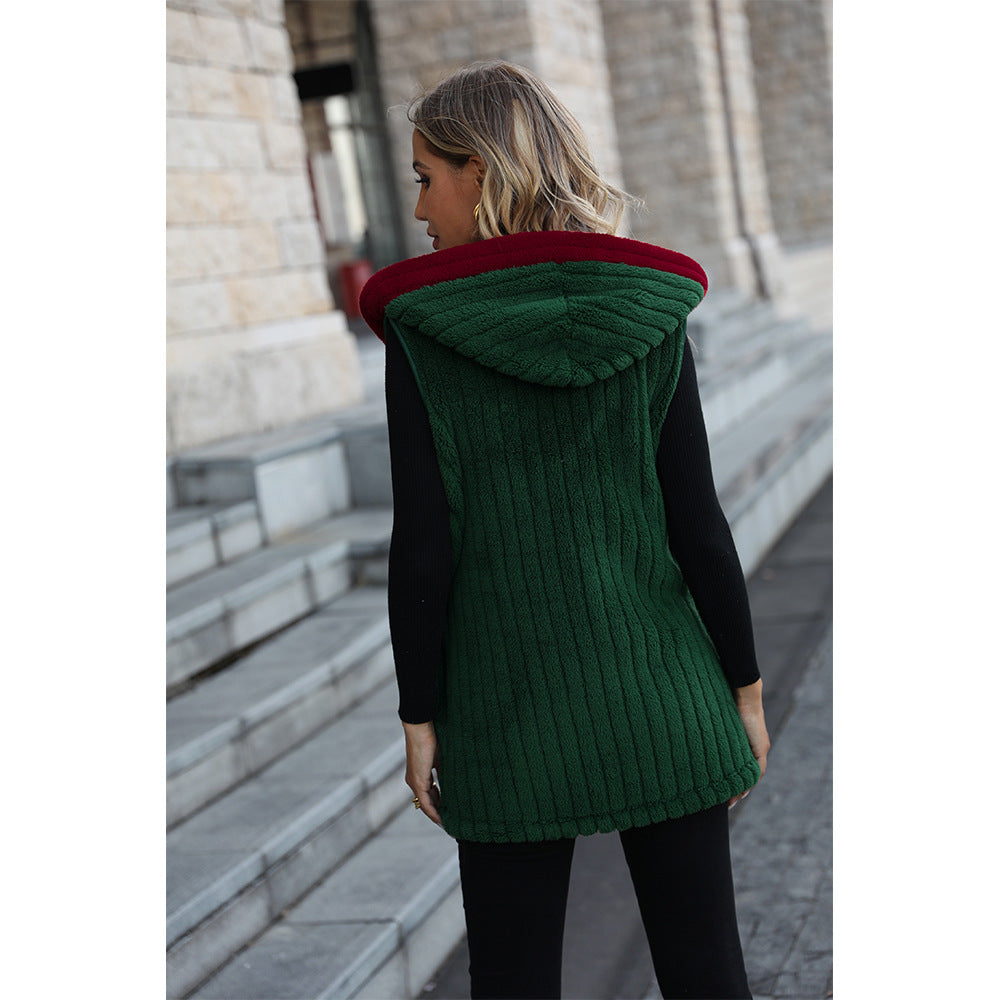 Autumn winter women's wear hooded sleeveless loose casual Christmas style buckle-free double-sided fleece jacket