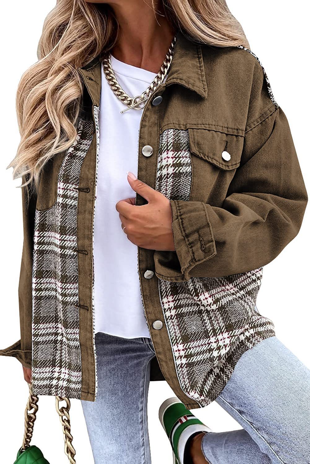 Autumn and winter Denim jacket long sleeve plaid button shirt jacket top