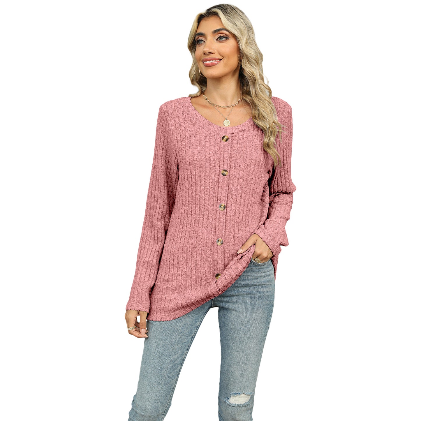 Spring and Autumn single-breasted round neck long-sleeved T-shirt loose top women's pullover sweater