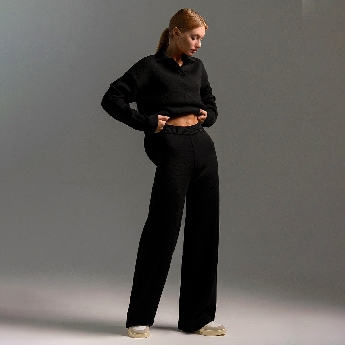 Polo neck knitted jumper + wide-leg trousers two-piece set
