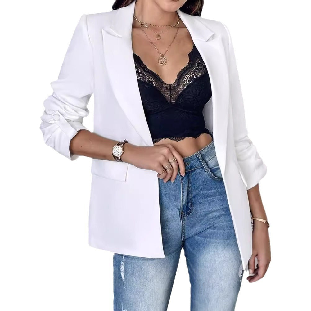 Autumn and Winter long sleeve solid color cardigan suit coat for women