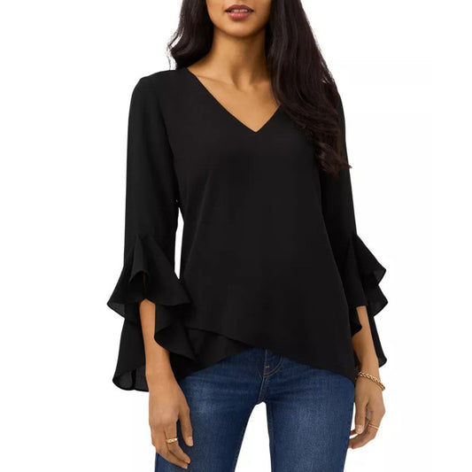 Women's Spring and Autumn casual V-neck shirt solid color flared 3/4 sleeve top