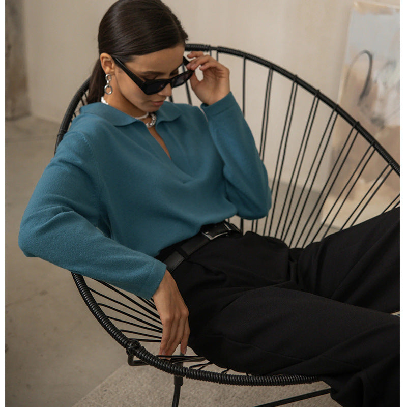 Polo collar sweater autumn and winter leisure lapel knitted pullover women's top