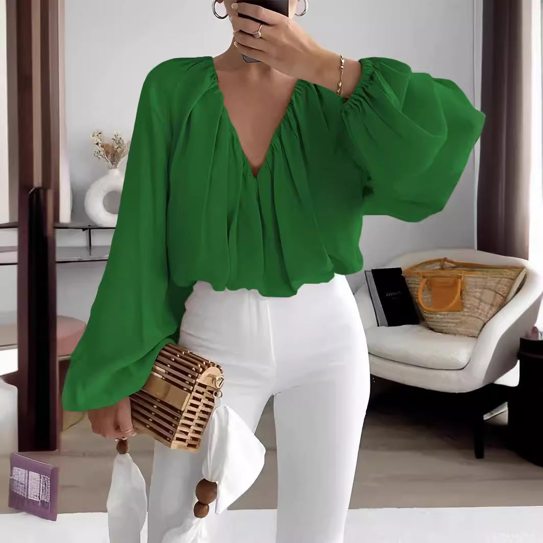 Printed V-neck long sleeve shirt elegant women's loose solid color top