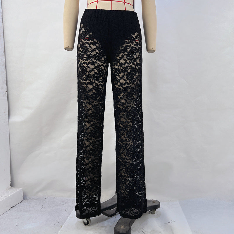 Summer sexy all-match lace see-through high waist stitching long straight-leg pants women's pants