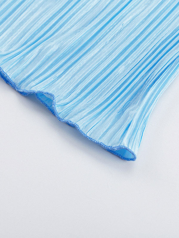 Long Sleeve Blue Pleated Midi Dress