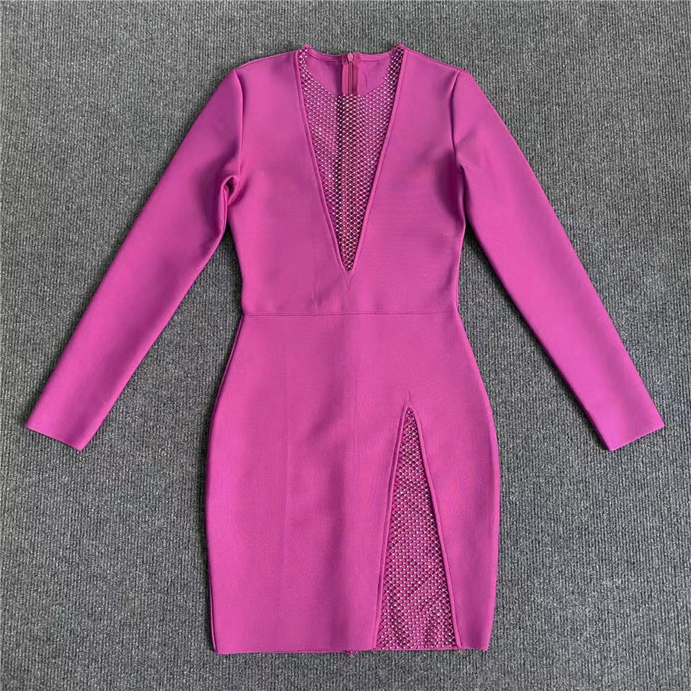 Design Shiny V-Neck Rhinestone Slim Fit Slit Dress