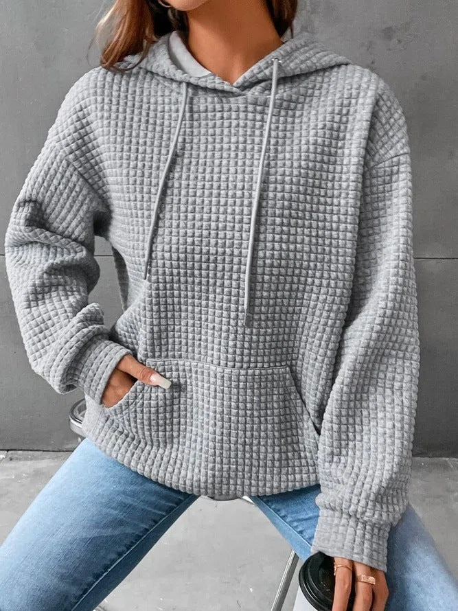 Autumn and winter women's hoodies waffle round neck long-sleeved sweater solid color top for women