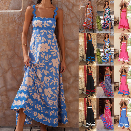 Printed retro bohemian long suspender dress