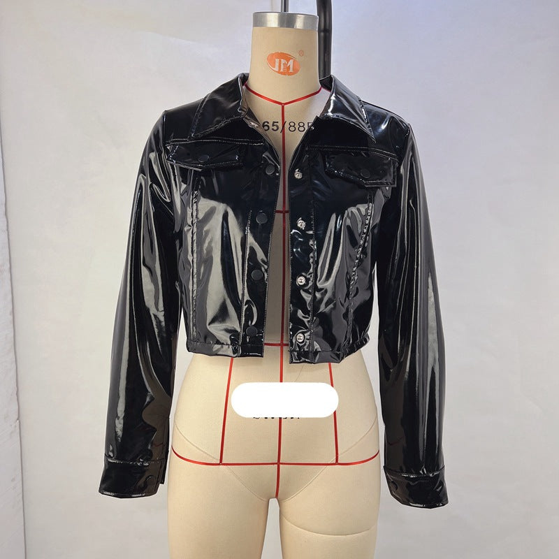 2024 fall and winter lapels PU long sleeve single breasted women's leather jacket coat jacket