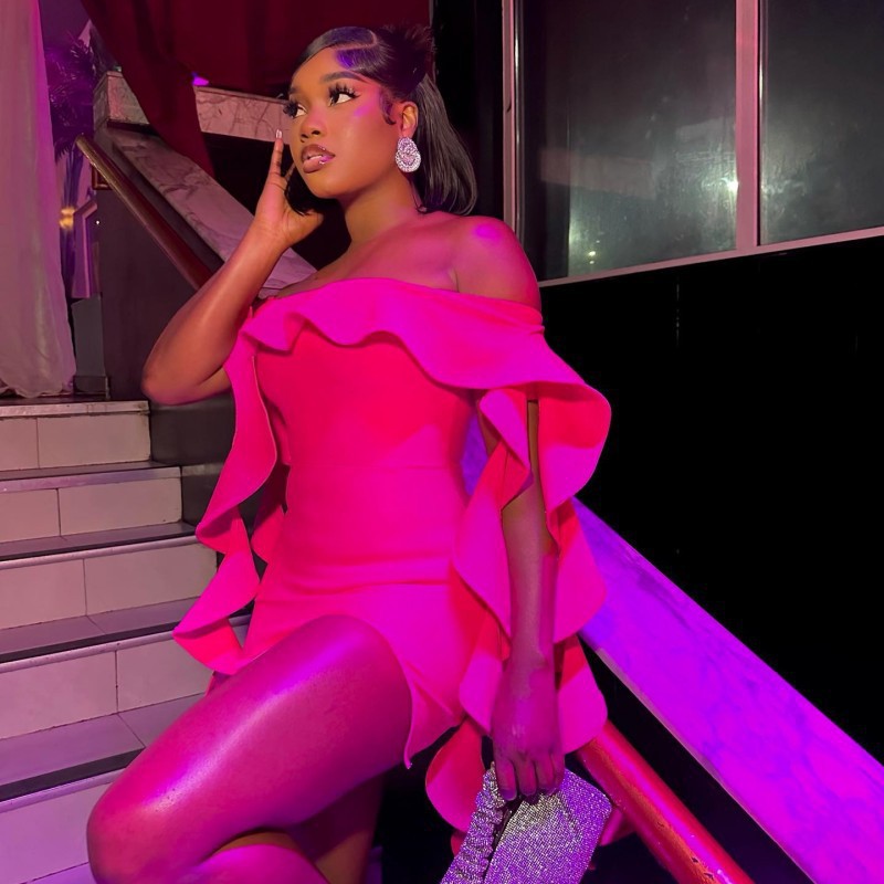 French Style Off-Shoulder Ruffled Rose Red Evening Bandage Dress