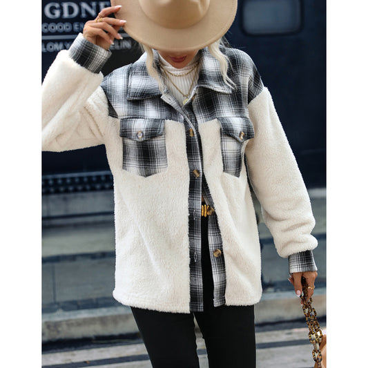 Women's double-sided velvet Plaid stitching breasted long sleeve plaid lapel plush coat