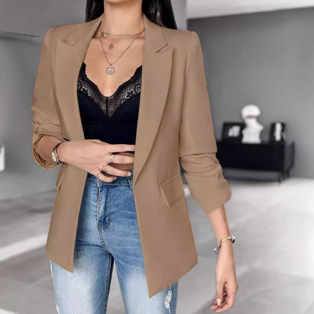 Autumn and Winter long sleeve solid color cardigan suit coat for women