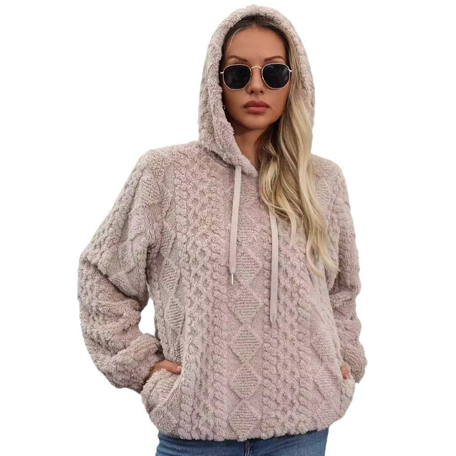 Autumn and winter women's plush jacquard fabric long sleeve loose hooded pullover sweater