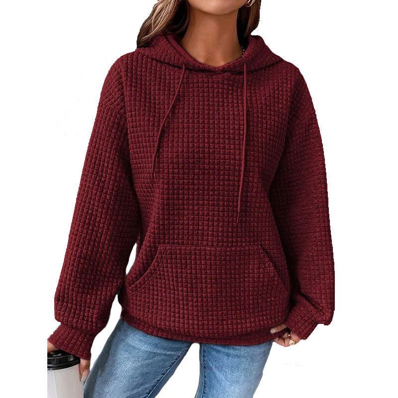 Autumn and winter women's hoodies waffle round neck long-sleeved sweater solid color top for women