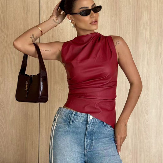 Leather cascading collar personalized waist slant sleeveless top women's vest