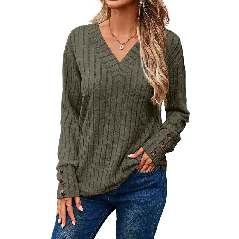 2024 autumn and winter women's long sleeve V-neck shirt solid color buttons T-shirt