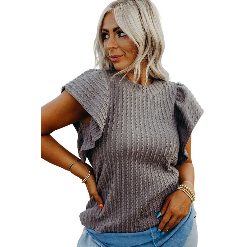 Spring and summer new loose round neck solid color textured knitted sweater women