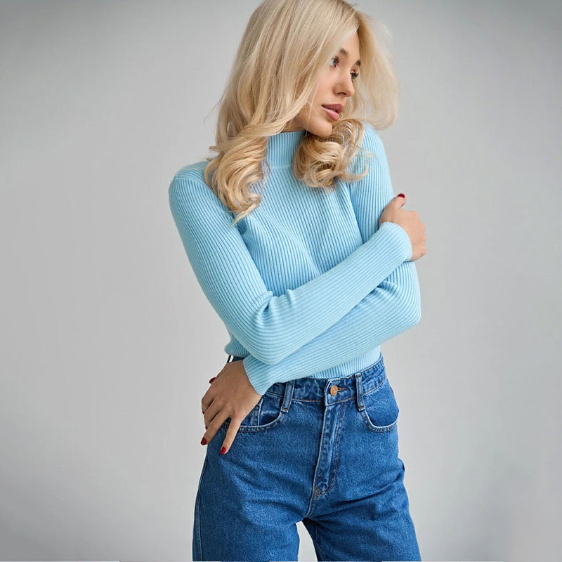 Pure Color half collar sweater European and American 2024 autumn and winter women's slim knit bottoming shirt