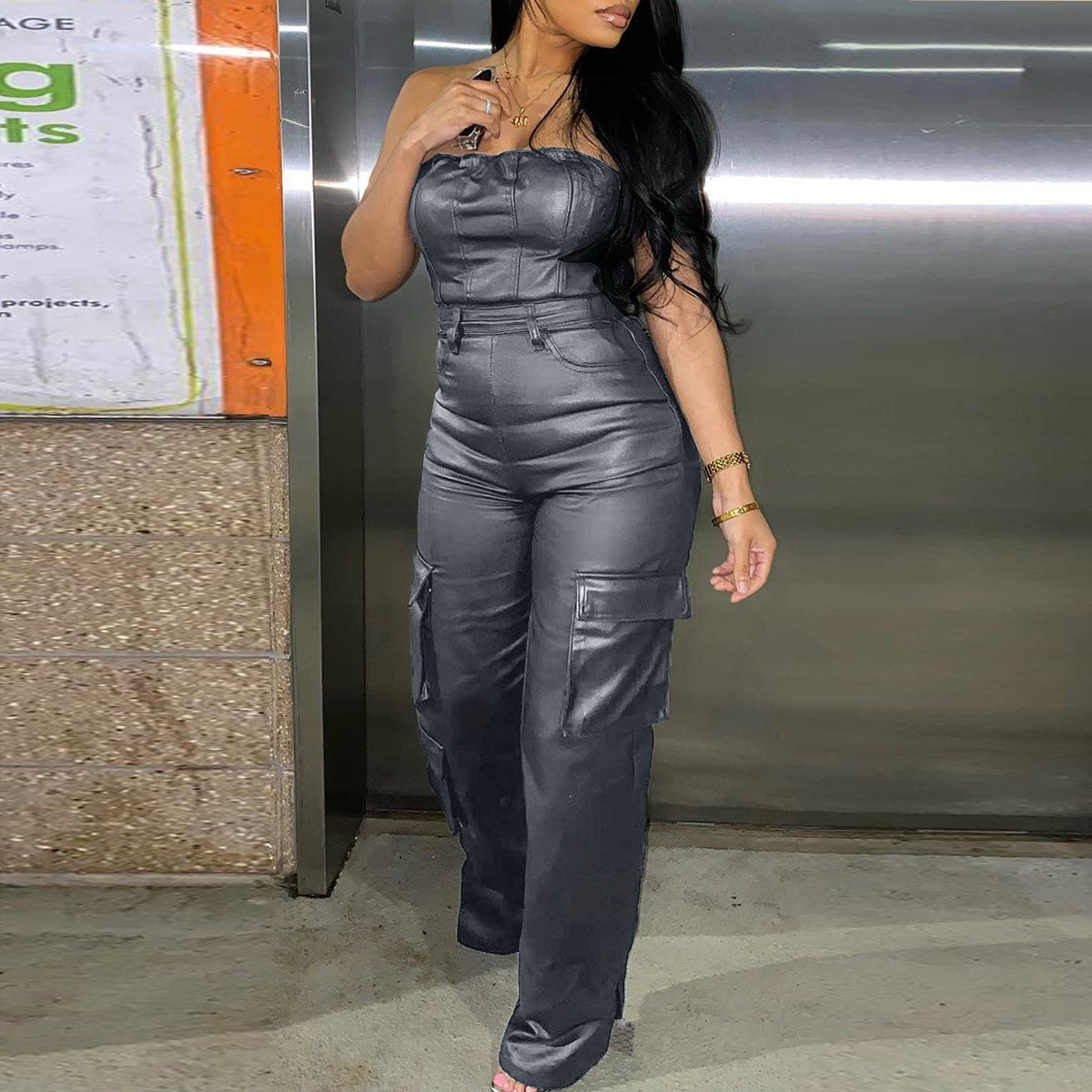 Sexy off-the-shoulder tube top tight-fitting waist PU leather jumpsuit