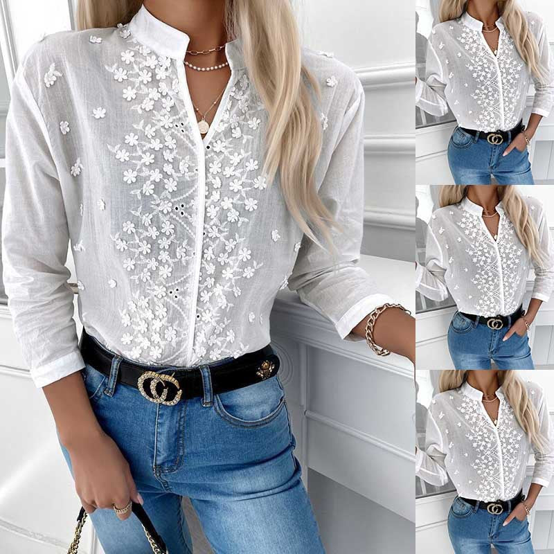 Autumn and winter women's clothing new cotton and linen V-neck embroidery hollow top long sleeve shirt