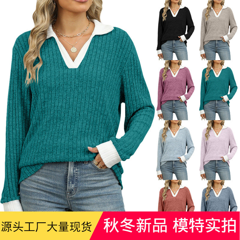 2024 autumn and winter New color stitching turnover neck long sleeve loose-fitting T-shirt top women