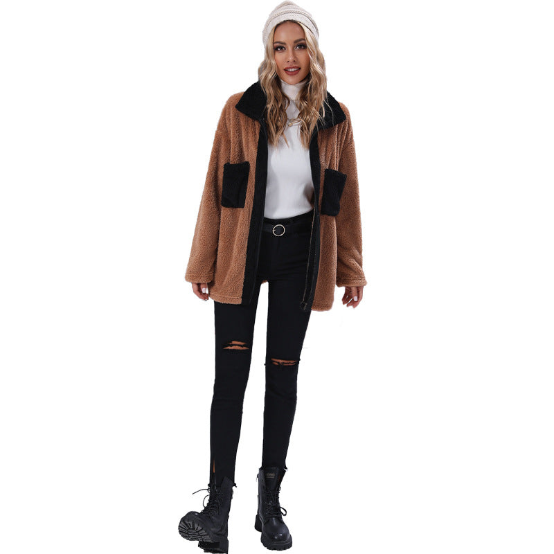 Women's autumn clothing lapel long sleeve color matching double-sided velvet mid-length loose casual jacket