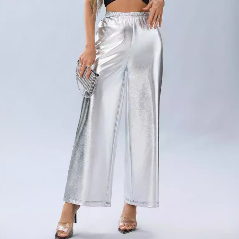 Women's trousers hot silver loose high waist wide leg women's casual trousers