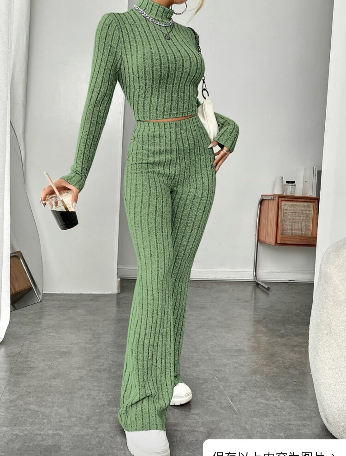 Autumn and Winter solid color knitted long sleeve turtlenecks wide leg high waist trousers suit