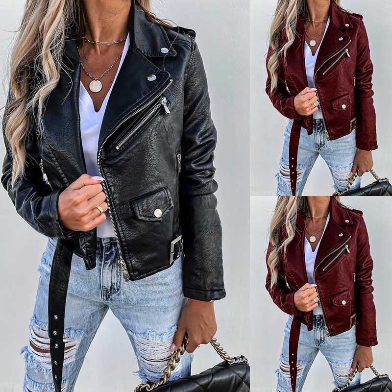 Women's New 2024 jacket PU leather coat motorcycle short zipper