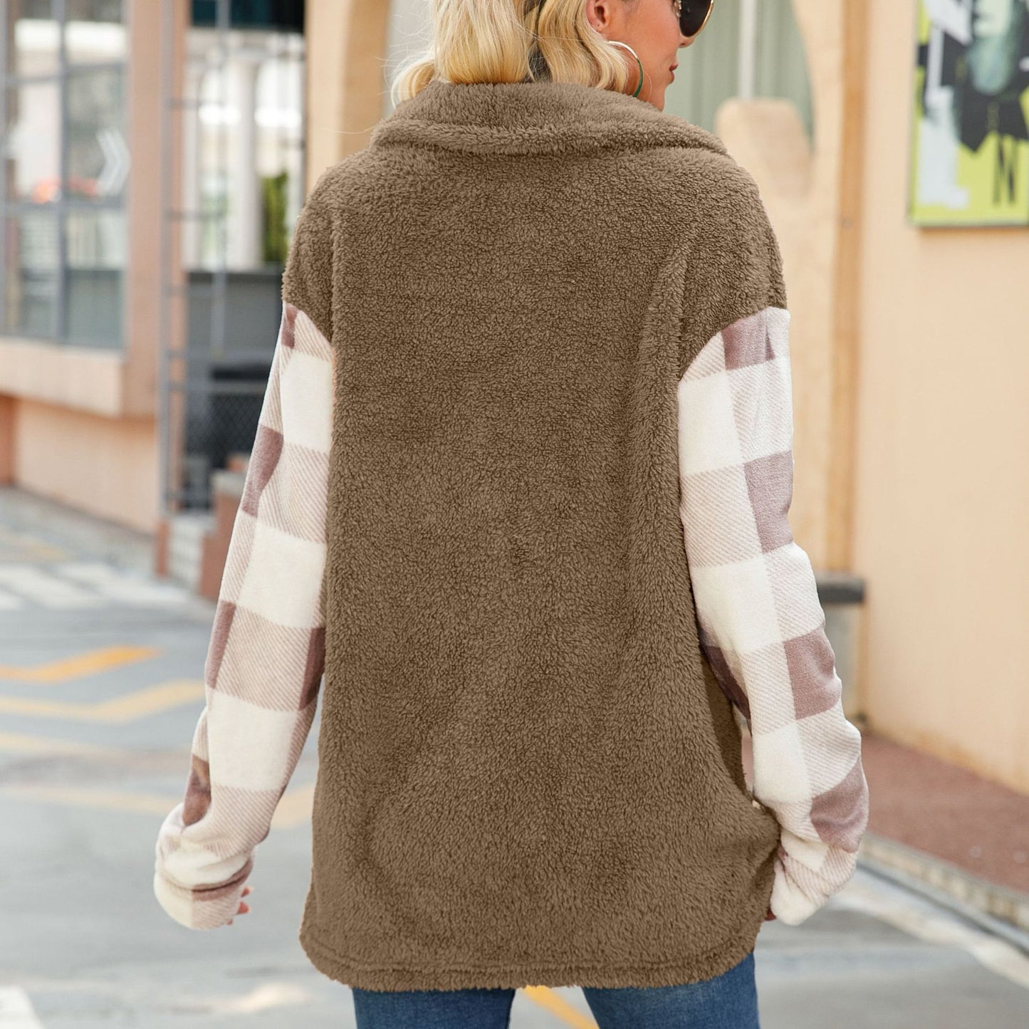 Autumn and winter women's casual long-sleeved lapel color-contrast check single-breasted knitted jacket