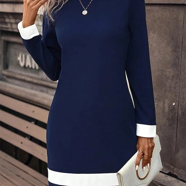 Women's tight color-matching dress long sleeve round neck autumn and winter clothes