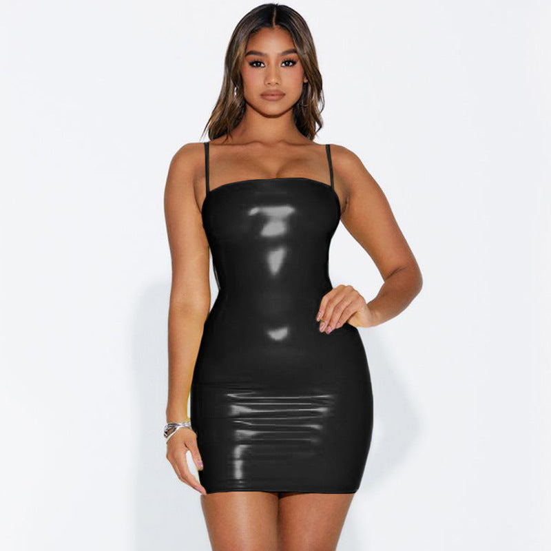 Summer sexy strapless suspenders waist-tight sheath dress sequins PU leather skirt women's base basic style
