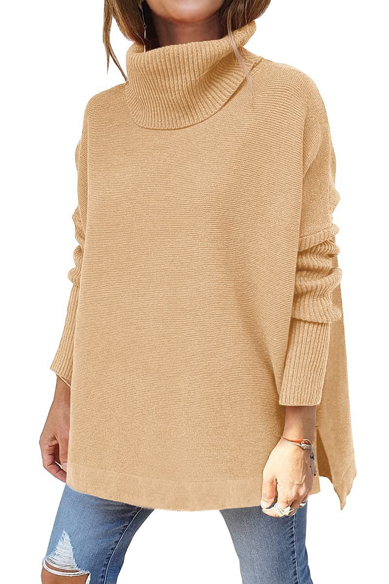 Turtleneck sweater mid-length batwing sleeve hem waist pullover sweater needle woven women